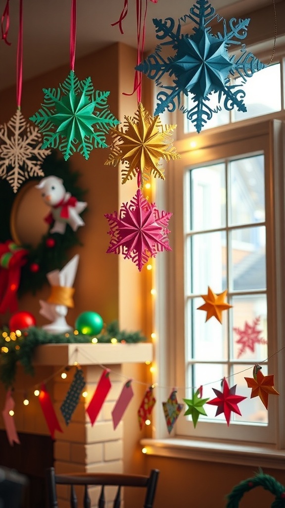 Colorful DIY paper Christmas decorations including snowflakes, stars, and garlands in a festive setting.